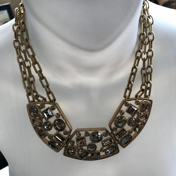 Statement Piece Necklace Costume Jewelry Brushed Gold tone, Taupe Gems  21"- 24" - Picture 5 of 16